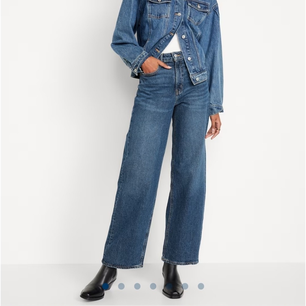 Old Navy Extra High-Rise Sky-Hi Wide-Leg Jeans Dark Wash Blue Petite 2